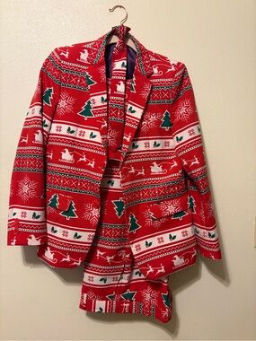 Kids Red Holiday Print suit - Jacket, Pants, and Tie.